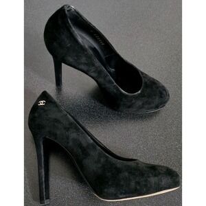 CHANEL 18C Suede Hidden Platform Round Toe Satin Heel Pumps Shoes Black Sz 6 EUC